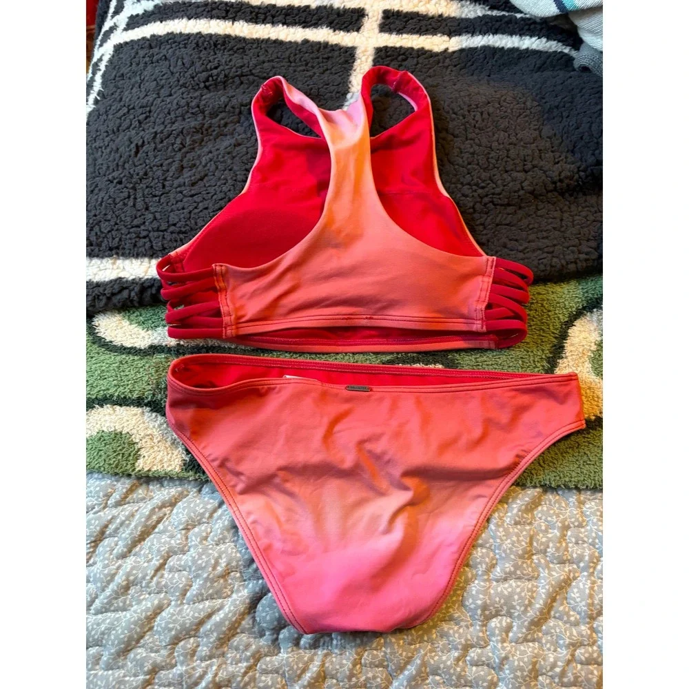 Hollister Swim Womens XS Pink Orange Ombre High Neck Bikini Set Caged Side Strap